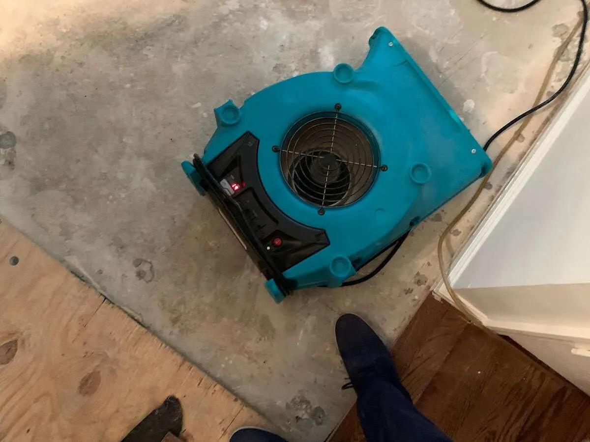 Air mover drying subfloor during Leak Detection & Repair in Hull